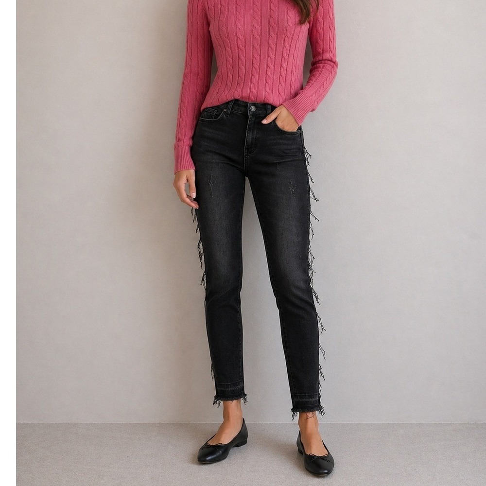 Zara Jeans‎ Womens US 2 Denim Black Washed Skinny Frayed Fringe Grunge